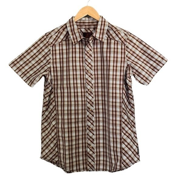 PrAna Mens Top Organic Cotton Brown Plaid Short Sleeve Snap Shirt Size Small - Picture 1 of 9
